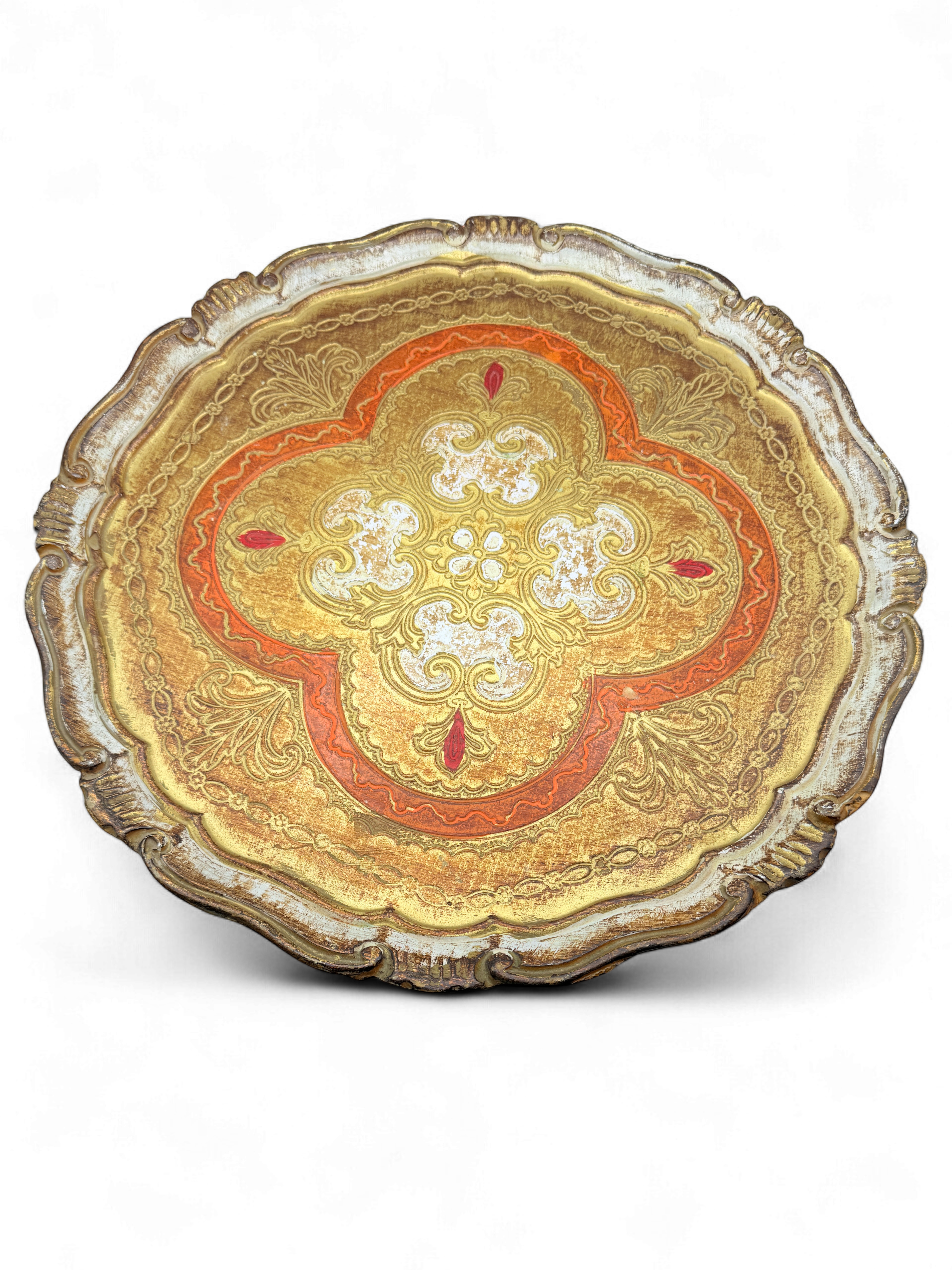 Vintage Florentine Gilt Wood Tray — Gold, Red & Ivory
