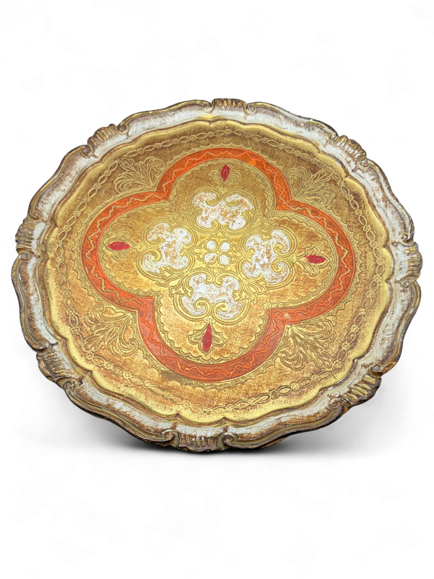 Vintage Florentine Gilt Wood Tray — Gold, Red & Ivory