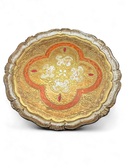 Vintage Florentine Gilt Wood Tray — Gold, Red & Ivory