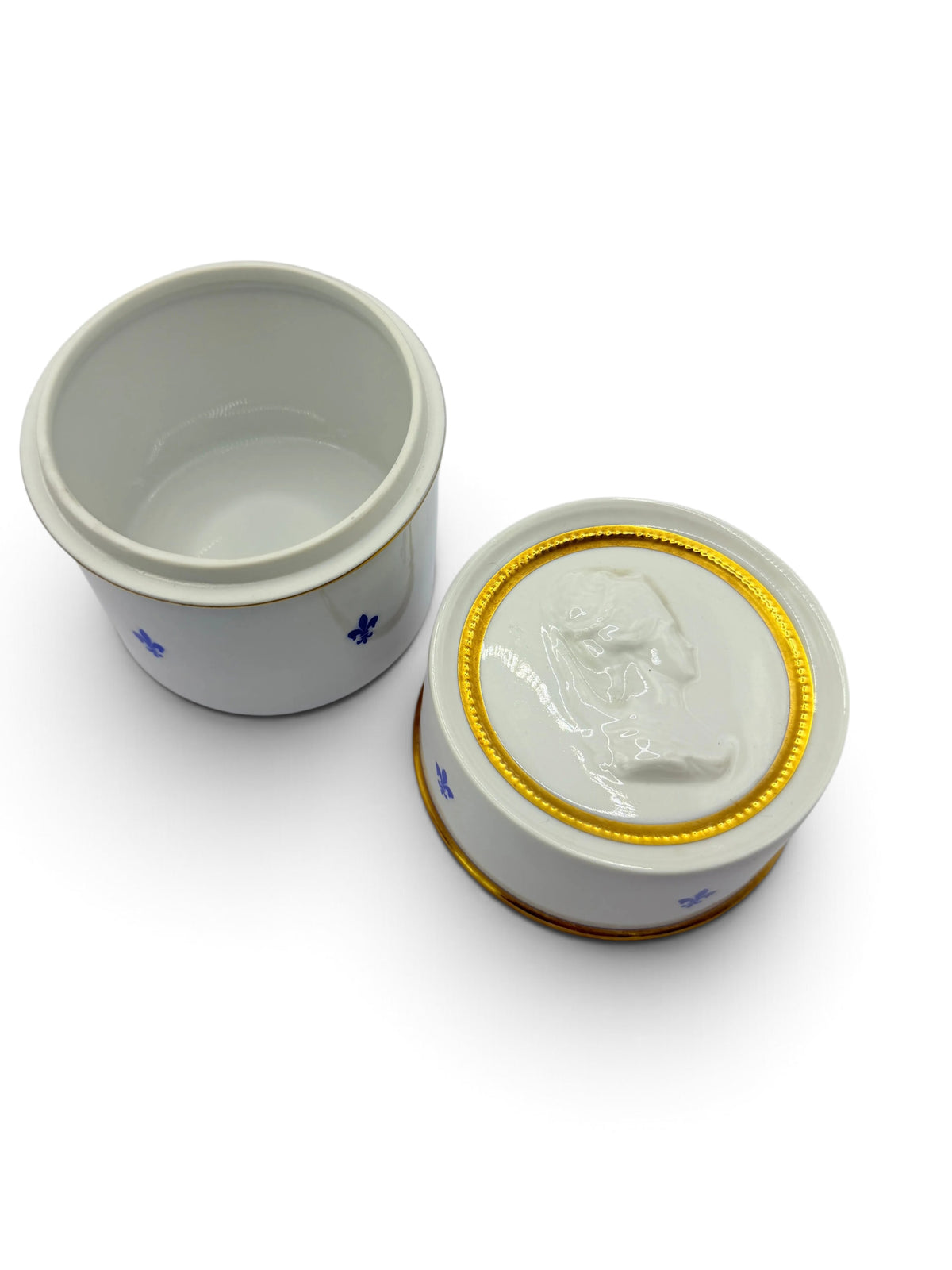 Vintage Fürstenberg Porcelain Fleur-de-Lis Lidded Box with Portrait Medallion, Germany