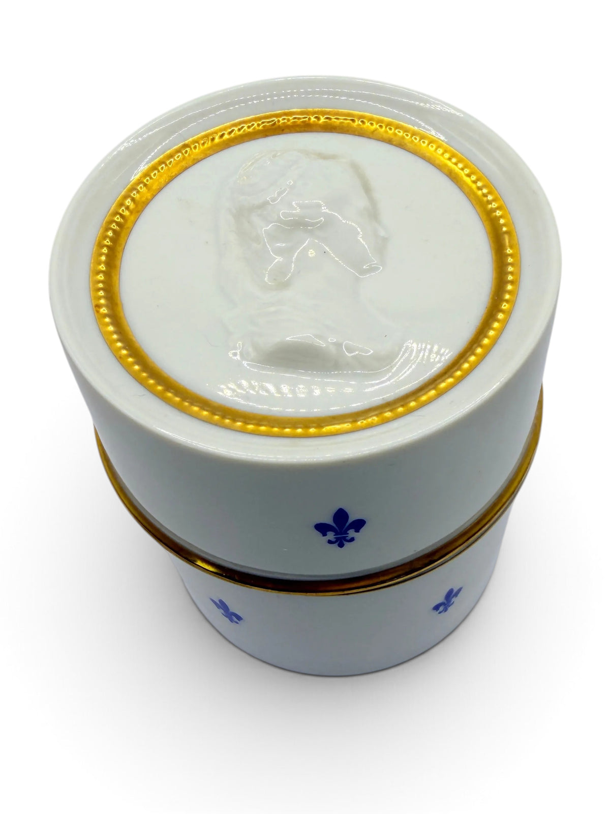 Vintage Fürstenberg Porcelain Fleur-de-Lis Lidded Box with Portrait Medallion, Germany