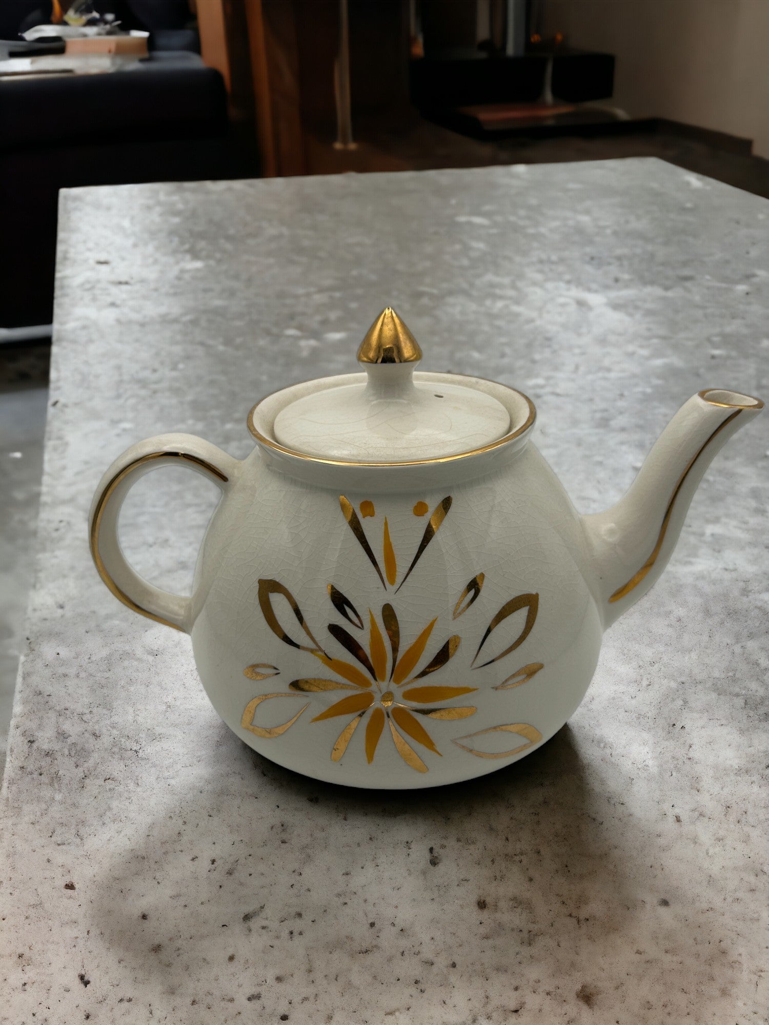 Staffordshire Teapot with Mid Century Gold Floral Design