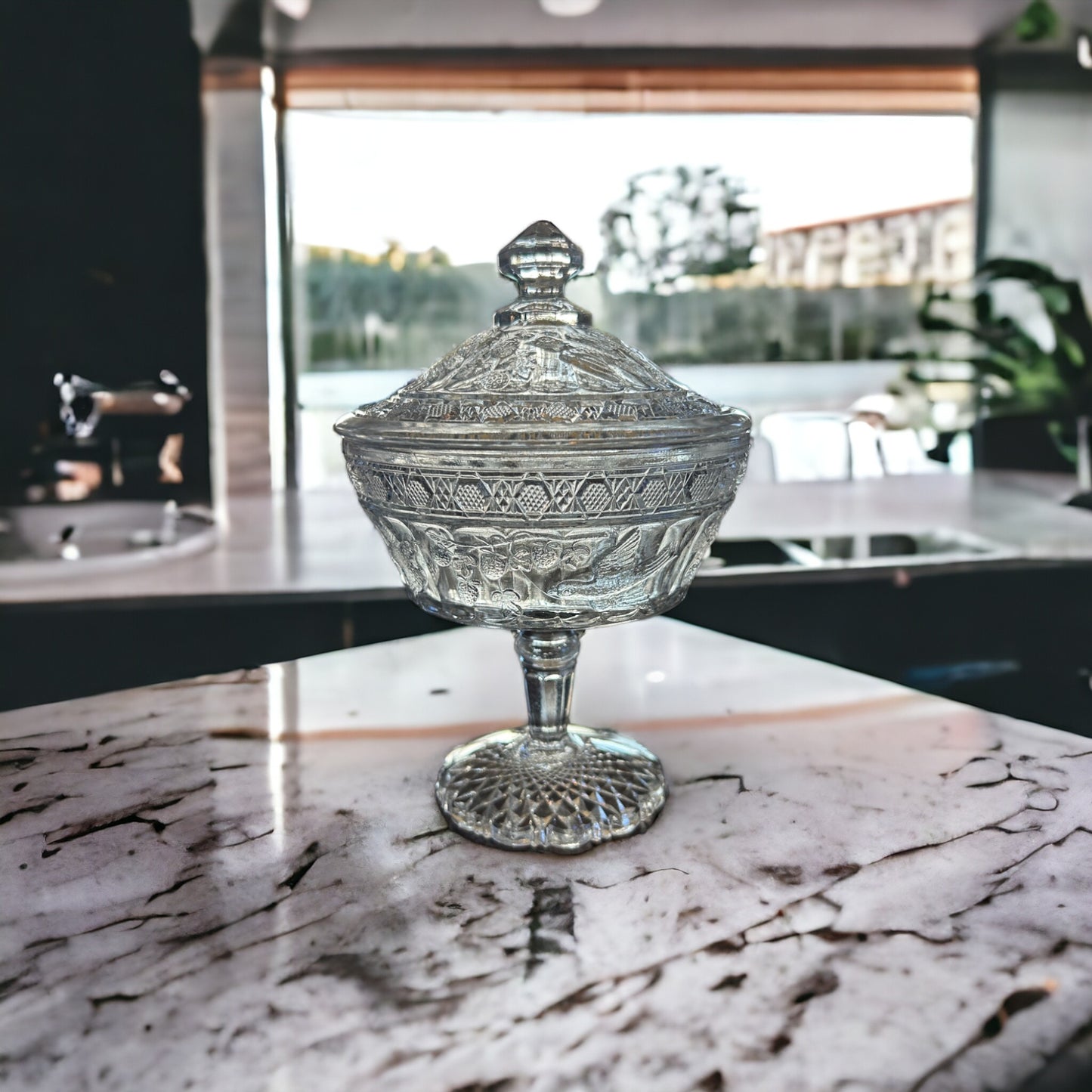 Vintage Glass Pedestal Covered Compote With  Doves And Berries