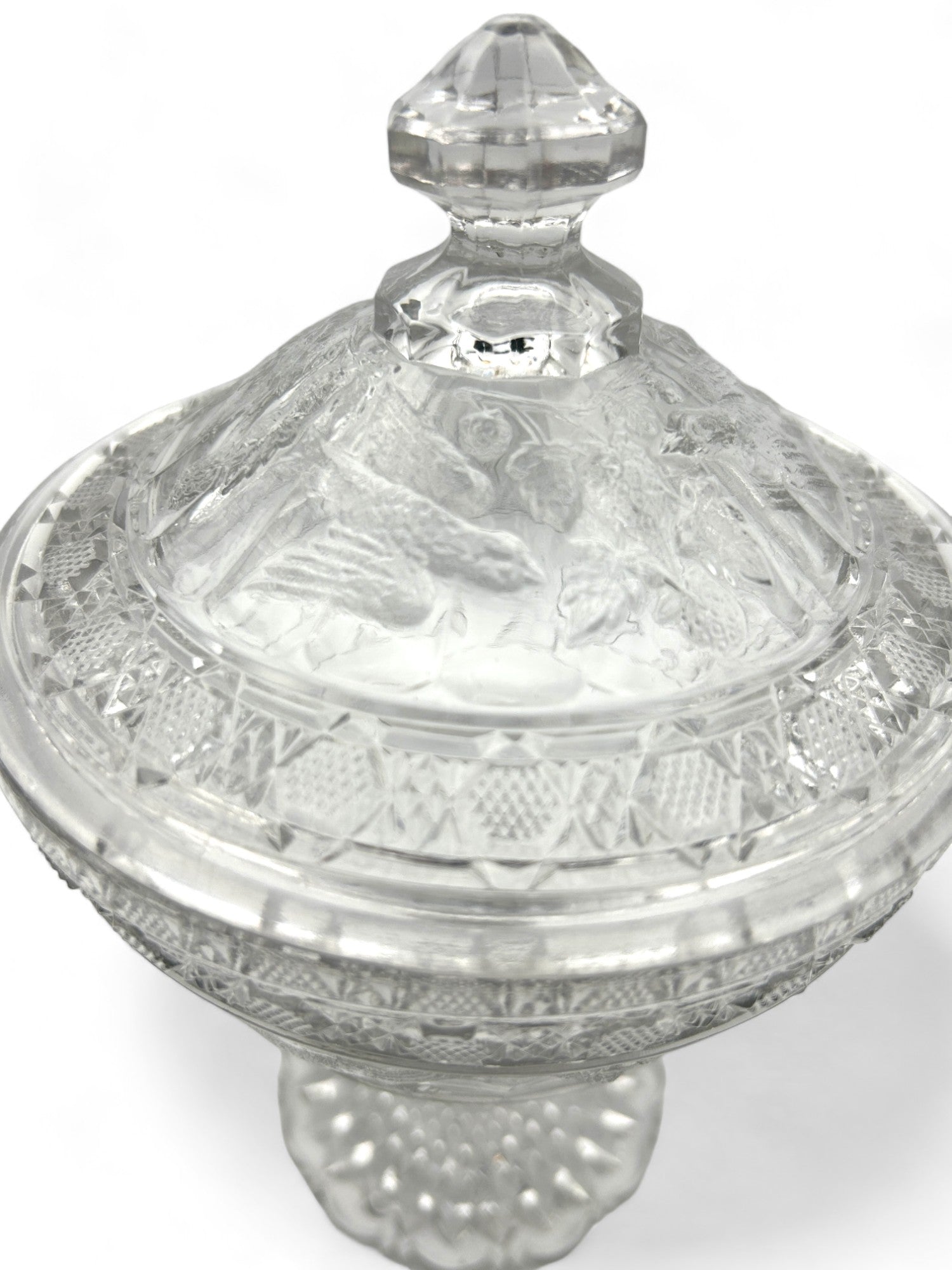 Vintage Glass Pedestal Covered Compote With Doves And Berries