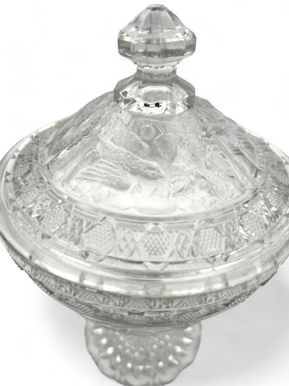 Vintage Glass Pedestal Covered Compote With Doves And Berries
