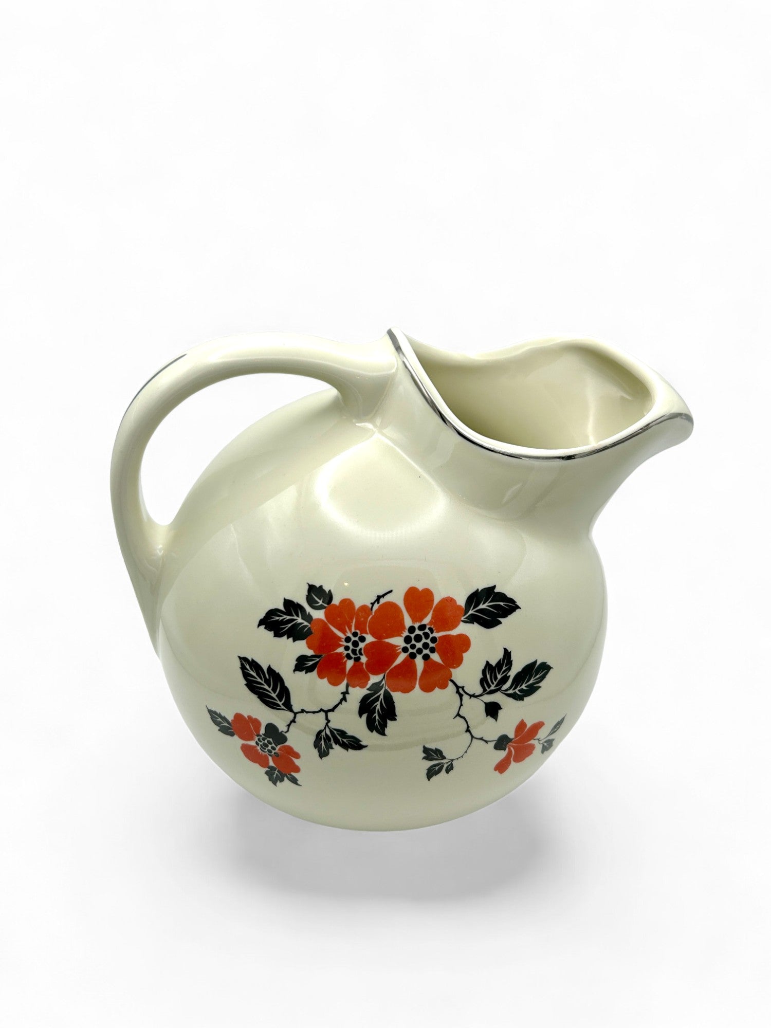 Vintage Halls China Superior Red Poppy Pattern Ceramic Ball Water Pitcher.