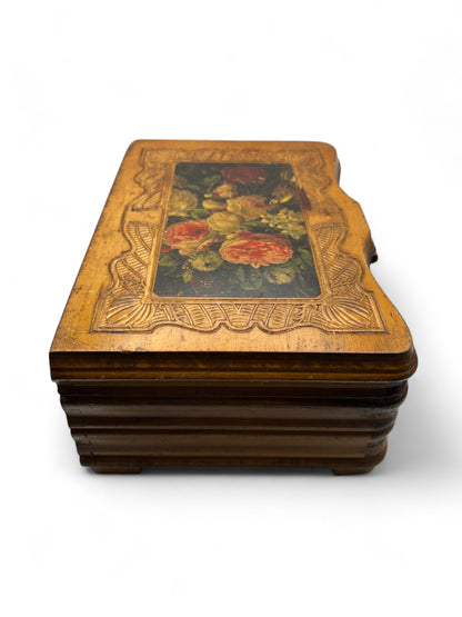Hand Carved Wood Dove Tailed Keep sake Box With Litho Flowers And Mirror_1