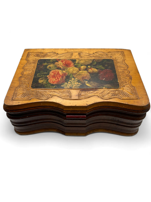 Vintage Hand Carved Wood Dove Tailed Keepsake Box With Litho Flowers And Mirror