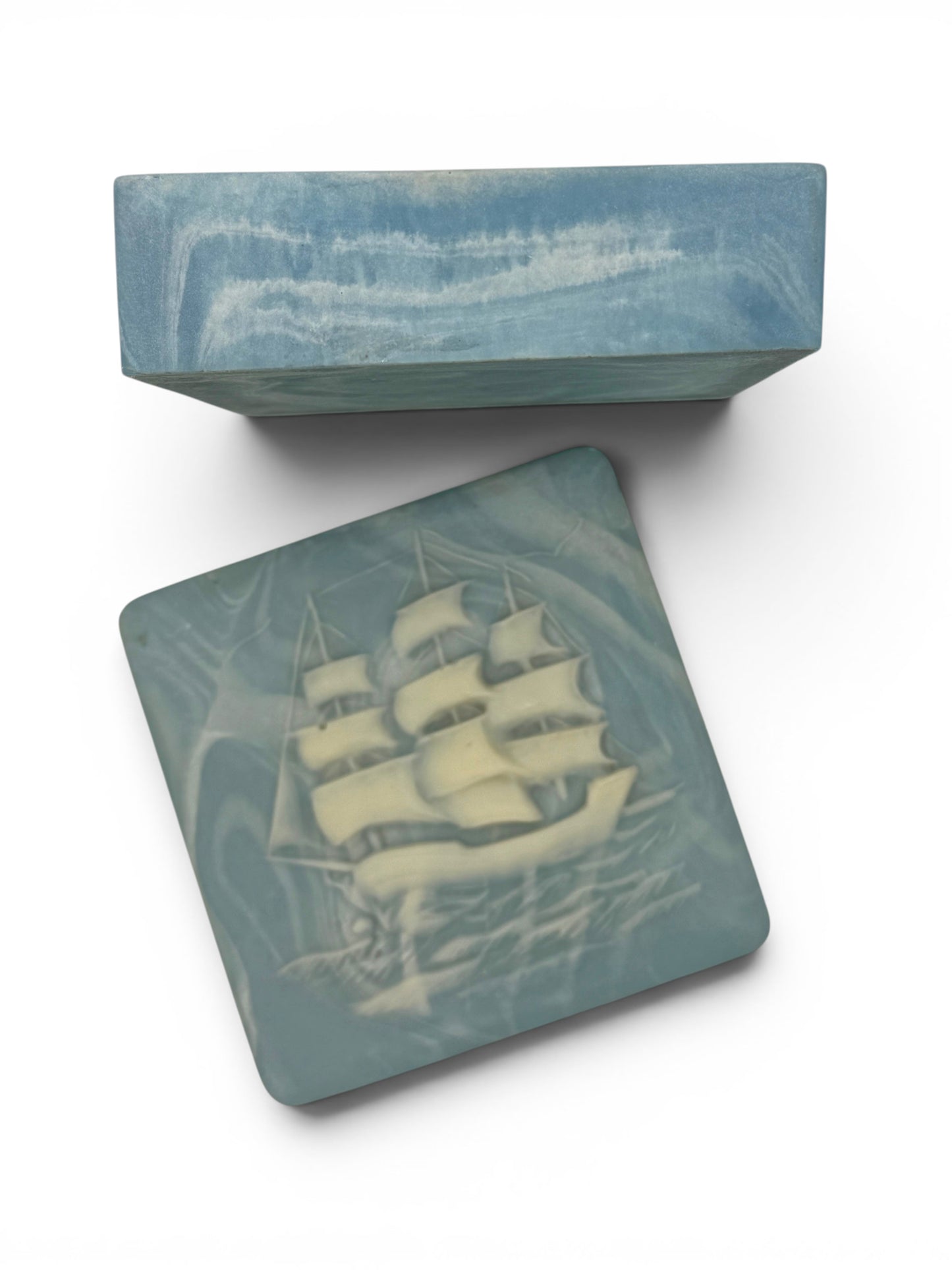 Vintage Incolay Stone "Soap Stone" Small Ship Box With Lid