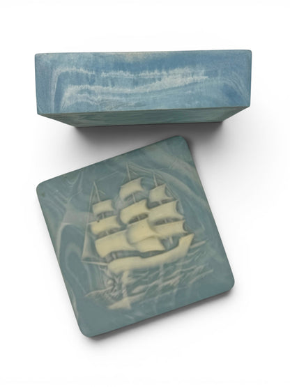Vintage Incolay Stone "Soap Stone" Small Ship Box With Lid