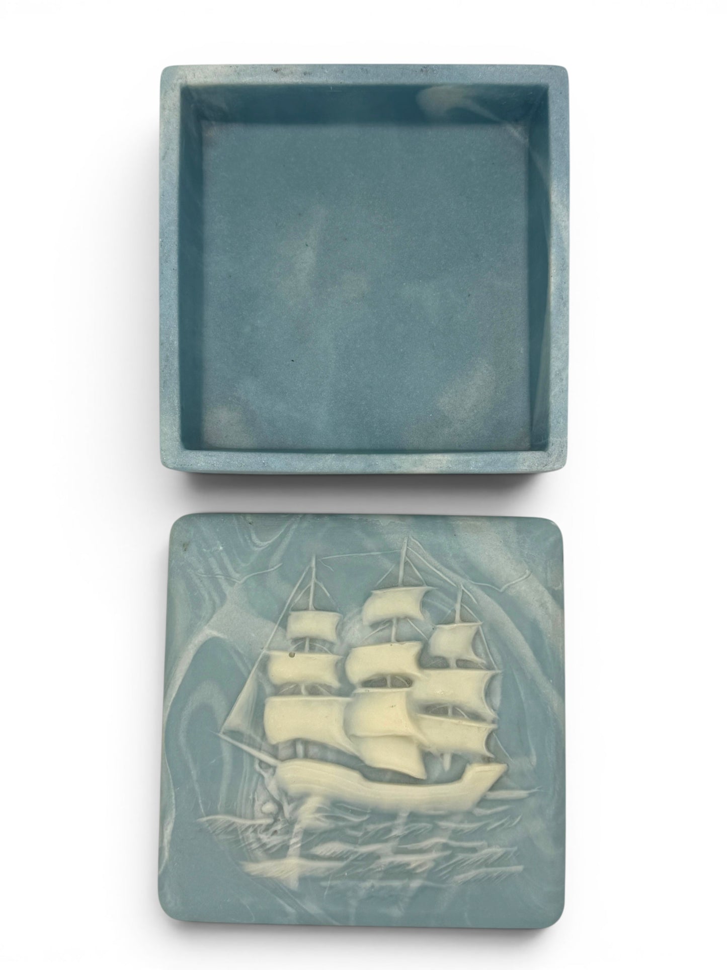Vintage Incolay Stone "Soap Stone" Small Ship Box With Lid