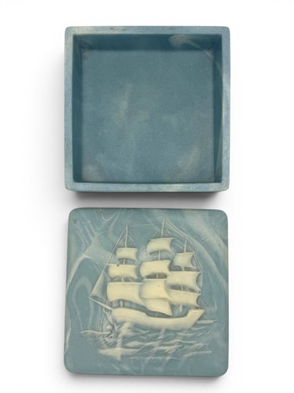 Vintage Incolay Stone "Soap Stone" Small Ship Box With Lid