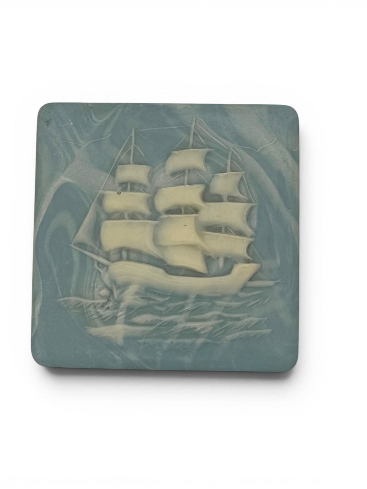 Vintage Incolay Stone "Soap Stone" Small Ship Box With Lid