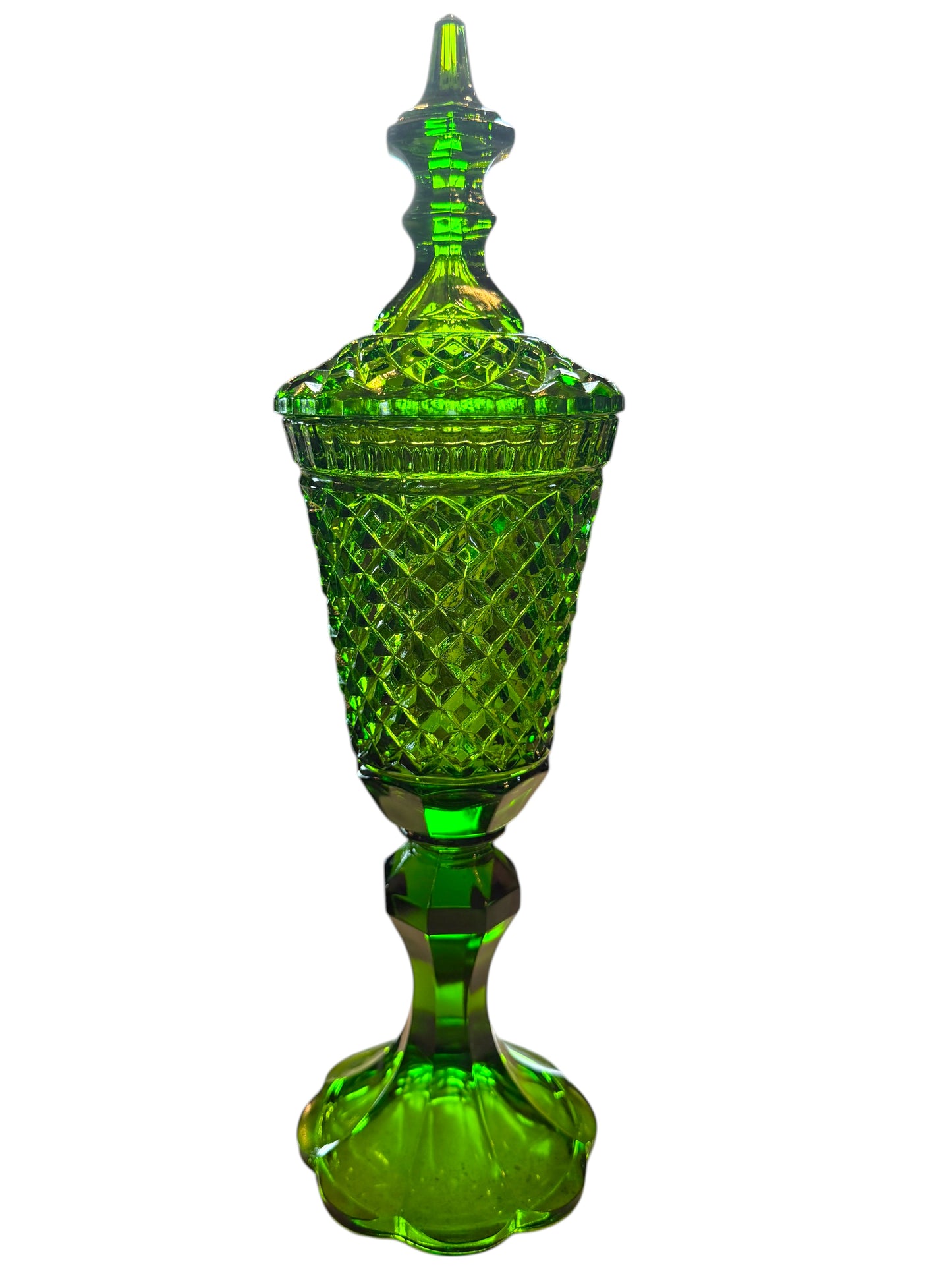 Vintage Indiana Glass Emerald Green Diamond Point Covered Compote