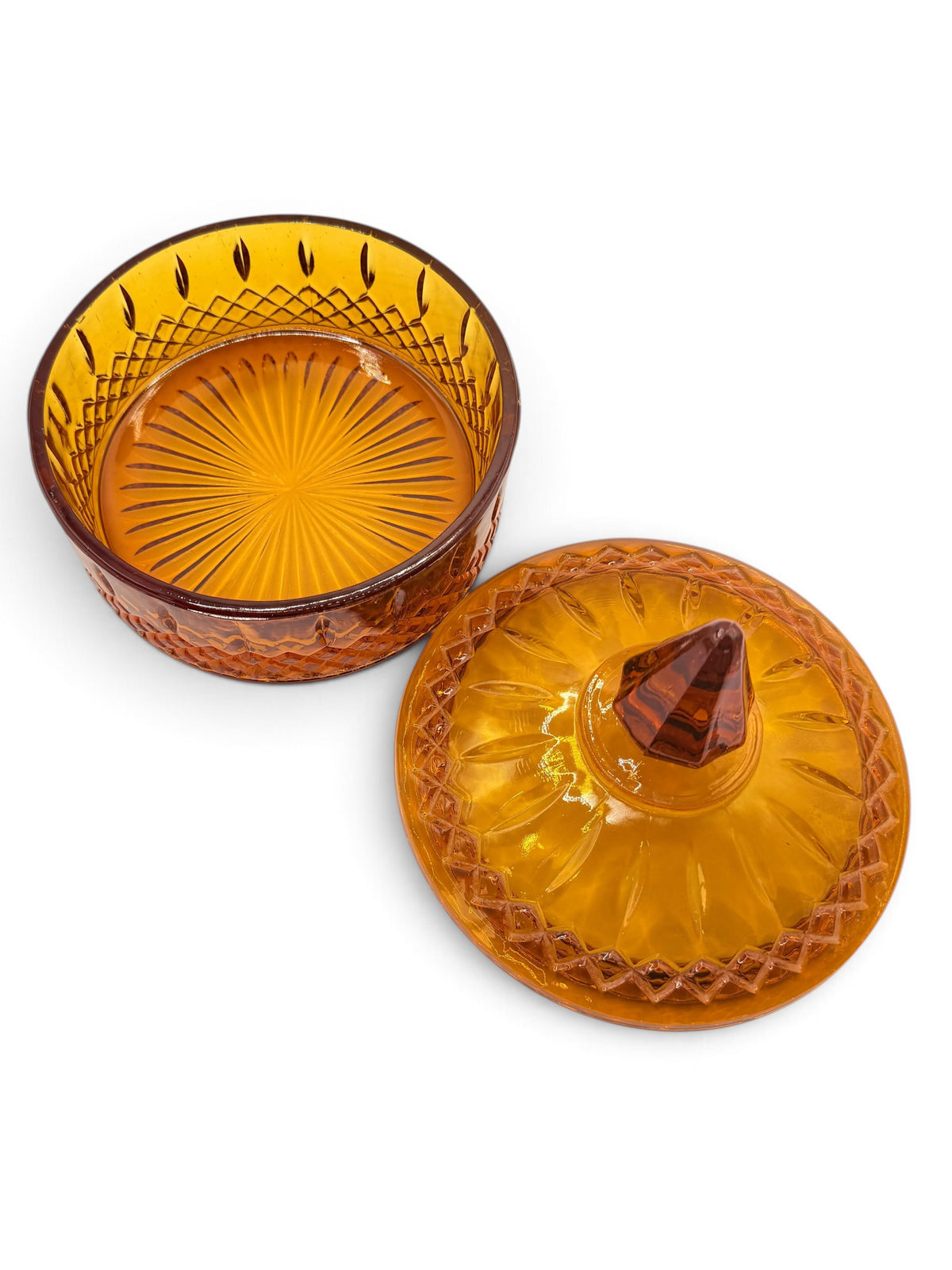 Vintage Indiana Glass Princess Amber Covered Candy Dish, 1970s