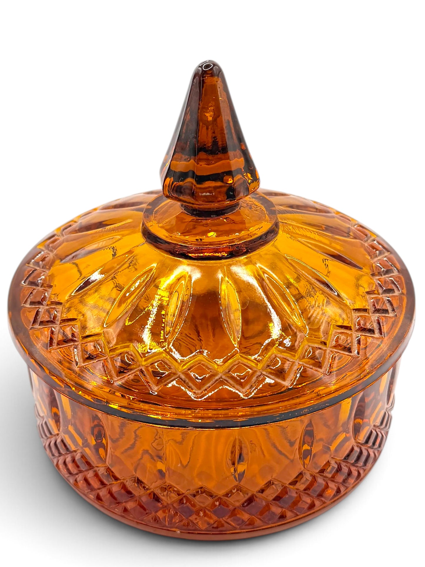 Vintage Indiana Glass Princess Amber Covered Candy Dish, 1970s