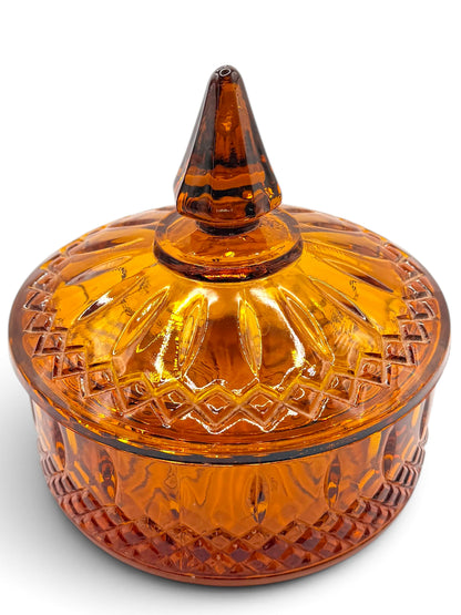 Vintage Indiana Glass Princess Amber Covered Candy Dish, 1970s