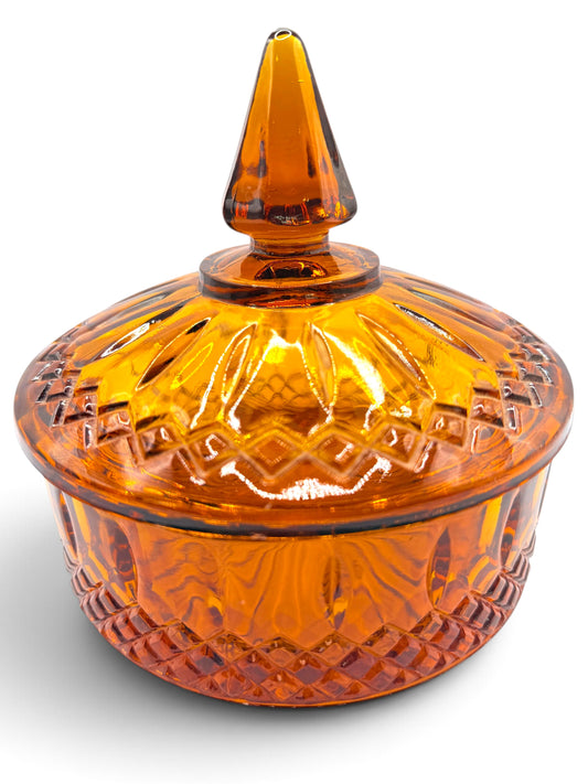 Vintage Indiana Glass Princess Amber Covered Candy Dish, 1970s