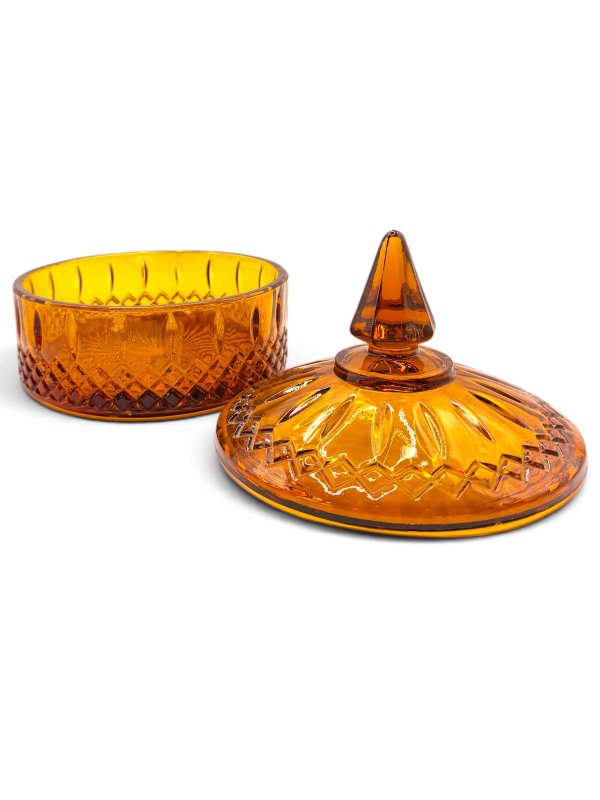 Vintage Indiana Glass Princess Amber Covered Candy Dish, 1970s
