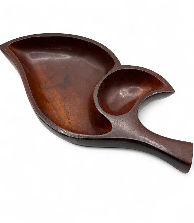 Vintage Leaf Shaped Wooden 2-Sectioned Serving Bowl