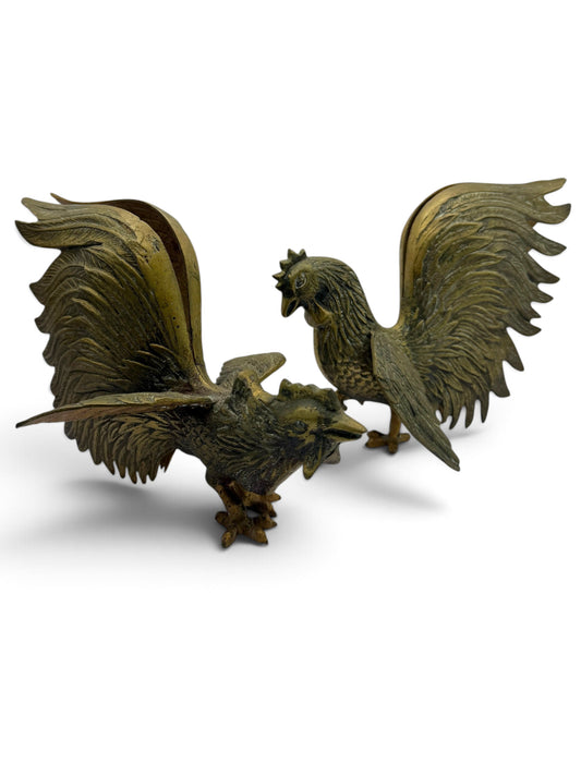 Vintage Mid-Century Brass Fighting Roosters, Pair