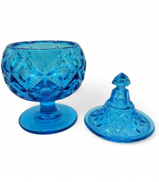 Vintage Mid Century Modern Fostoria Blue Glass Pedestal Compote Dish With Lid