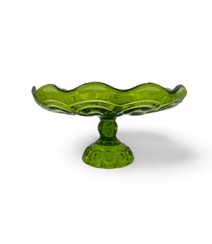 Vintage Moon and Stars Olive Green Pressed Glass Cake Pedestal - Vintage Tableware