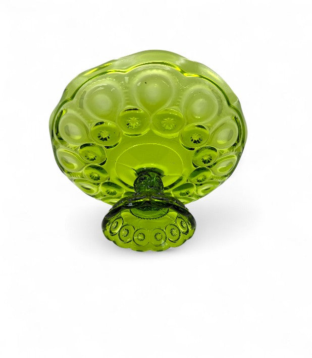 Vintage Moon and Stars Olive Green Pressed Glass Cake Pedestal - Vintage Tableware