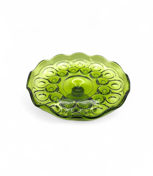 Vintage Moon and Stars Olive Green Pressed Glass Cake Pedestal - Vintage Tableware