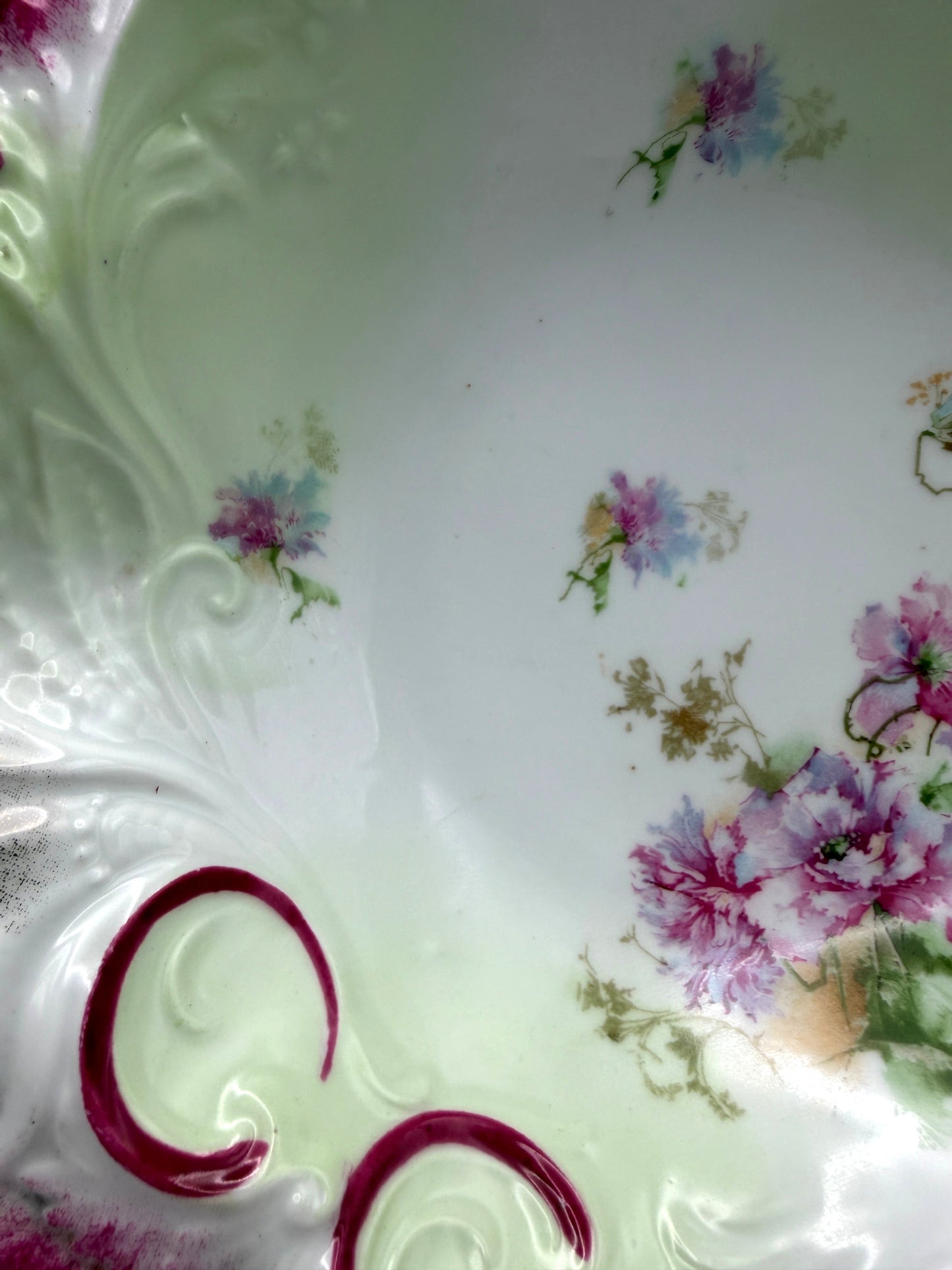 Vintage Porcelain Floral Scalloped Bowl with Burgundy & Gold Accents