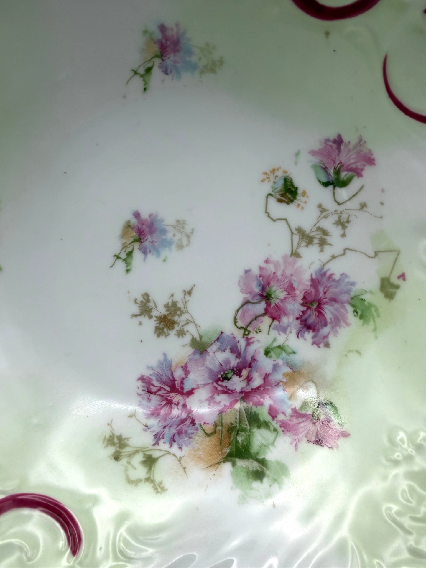 Vintage Porcelain Floral Scalloped Bowl with Burgundy & Gold Accents
