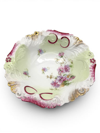 Vintage Porcelain Floral Scalloped Bowl with Burgundy & Gold Accents