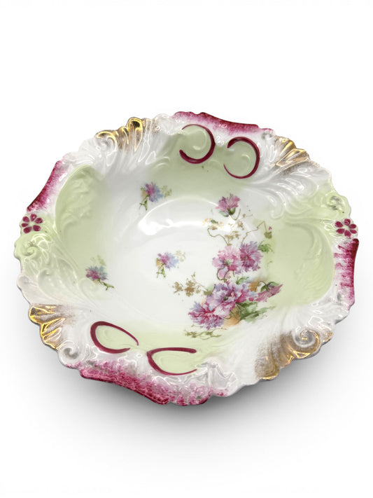Vintage Porcelain Floral Scalloped Bowl with Burgundy & Gold Accents