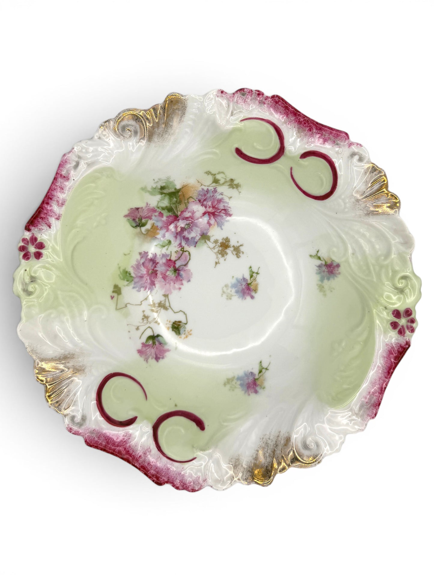 Vintage Porcelain Floral Scalloped Bowl with Burgundy & Gold Accents