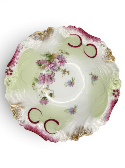 Vintage Porcelain Floral Scalloped Bowl with Burgundy & Gold Accents