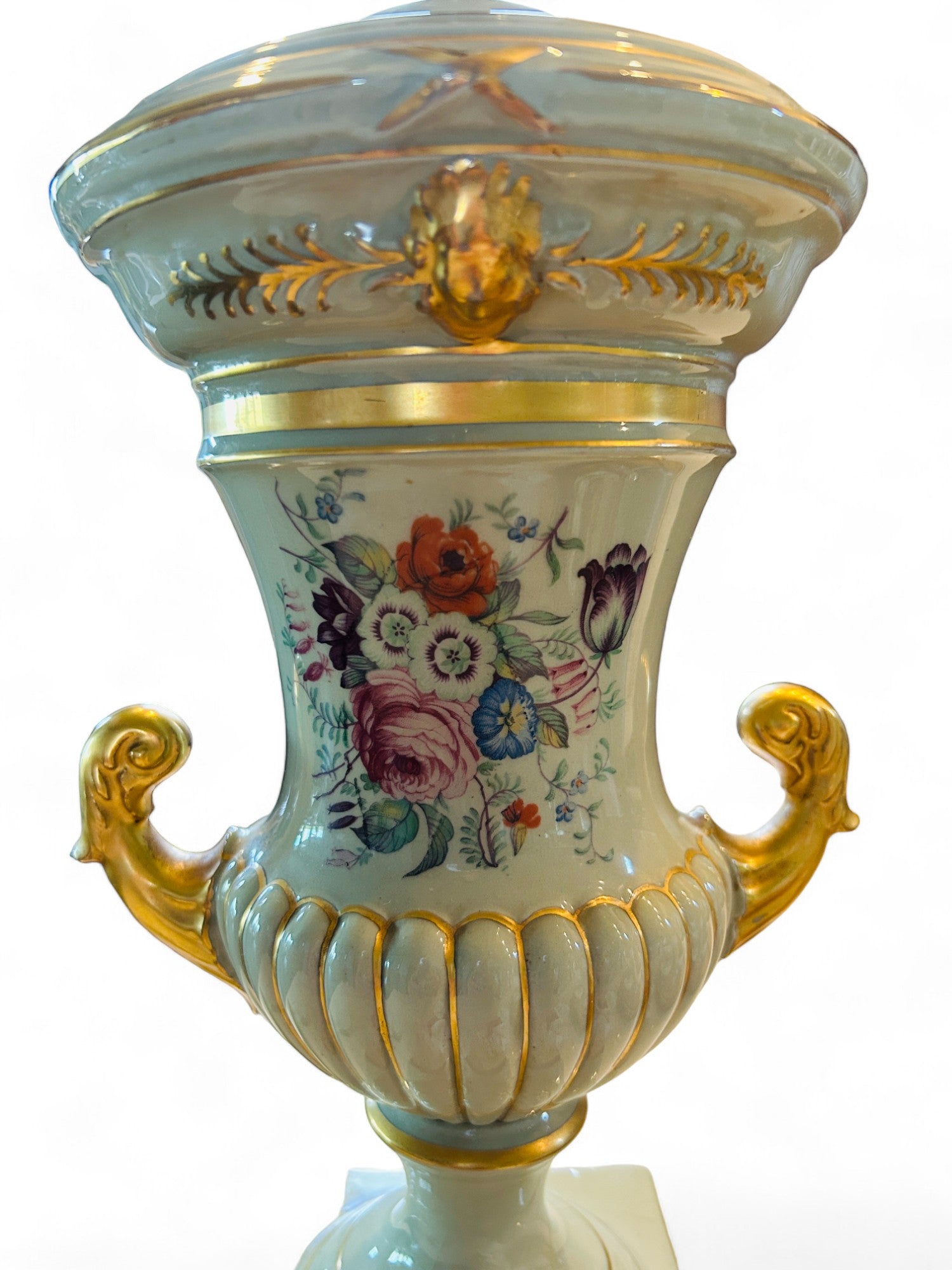 Vintage Porcelain Hand painted Floral and Light Sage Green Caldron Lamp