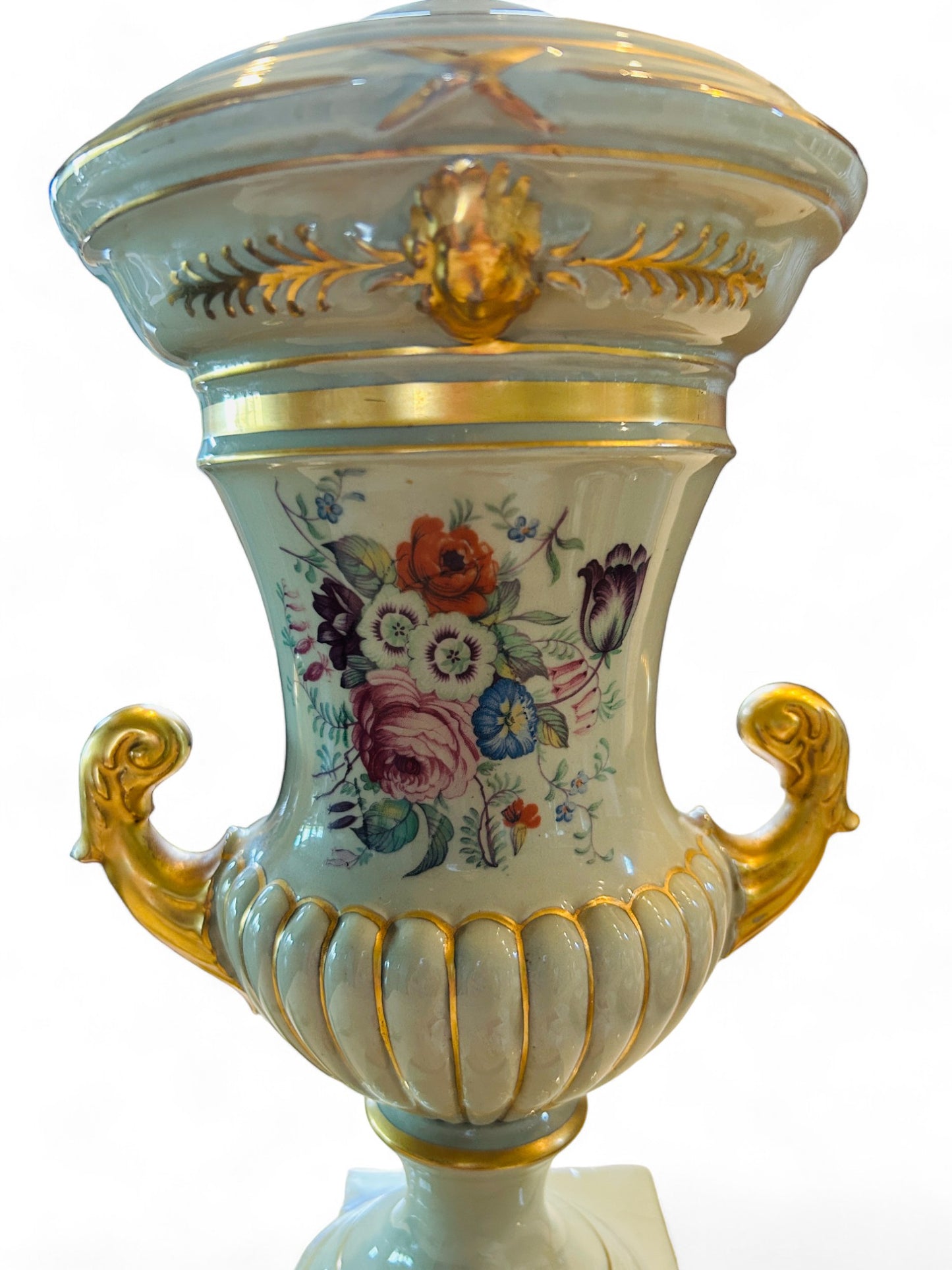 Vintage Porcelain Hand painted Floral and Light Sage Green Caldron Lamp