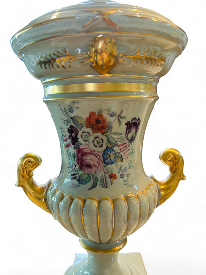 Vintage Porcelain Hand painted Floral and Light Sage Green Caldron Lamp