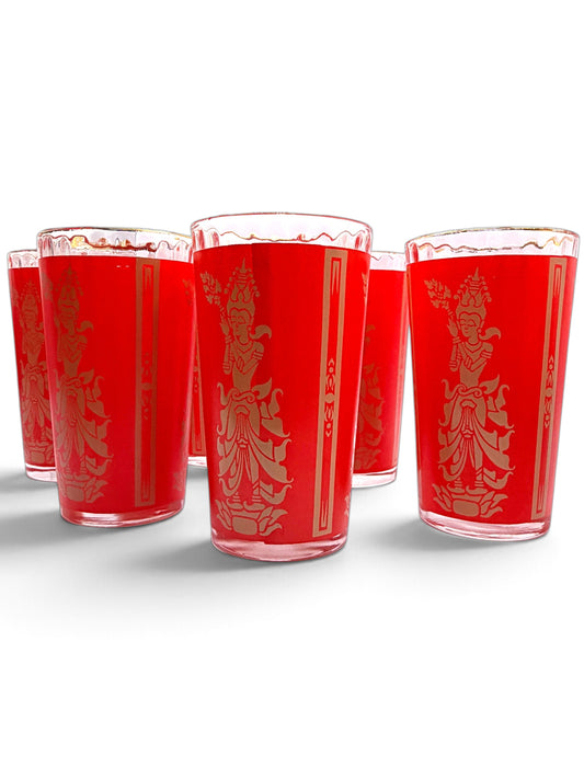 Vintage Red and Gold Thai Goddess Highball Glasses - Set of 6