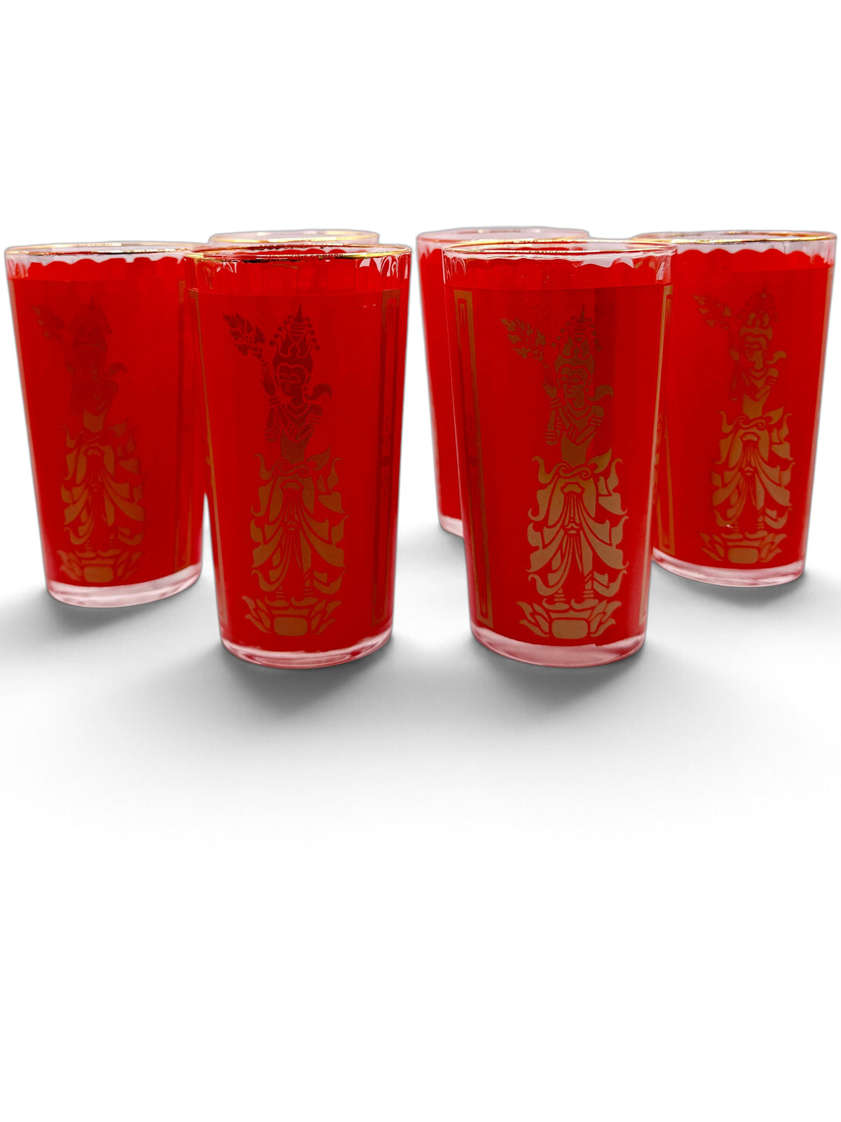 Vintage Red and Gold Thai Goddess Highball Glasses - Set of 6