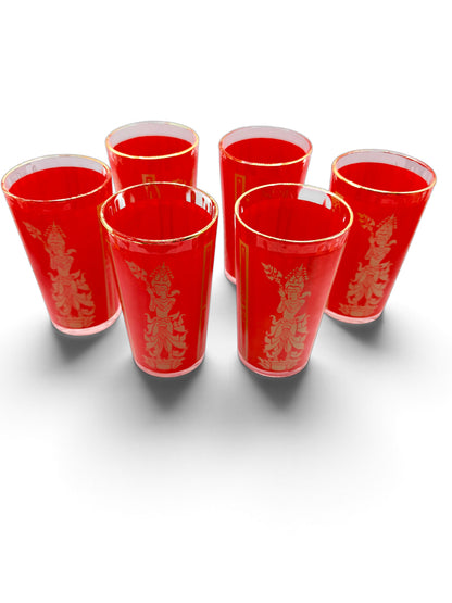 Vintage Red and Gold Thai Goddess Highball Glasses - Set of 6