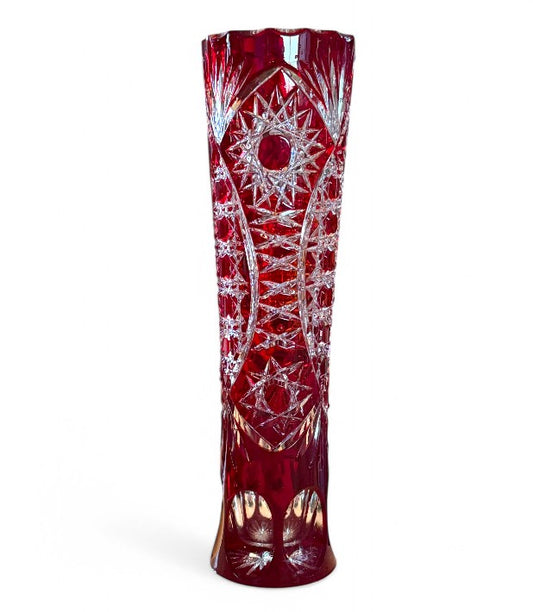 Vintage Ruby Red Cut to Clear Tall Vase