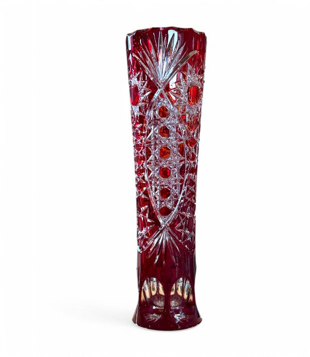 Vintage Ruby Red Cut to Clear Tall Vase