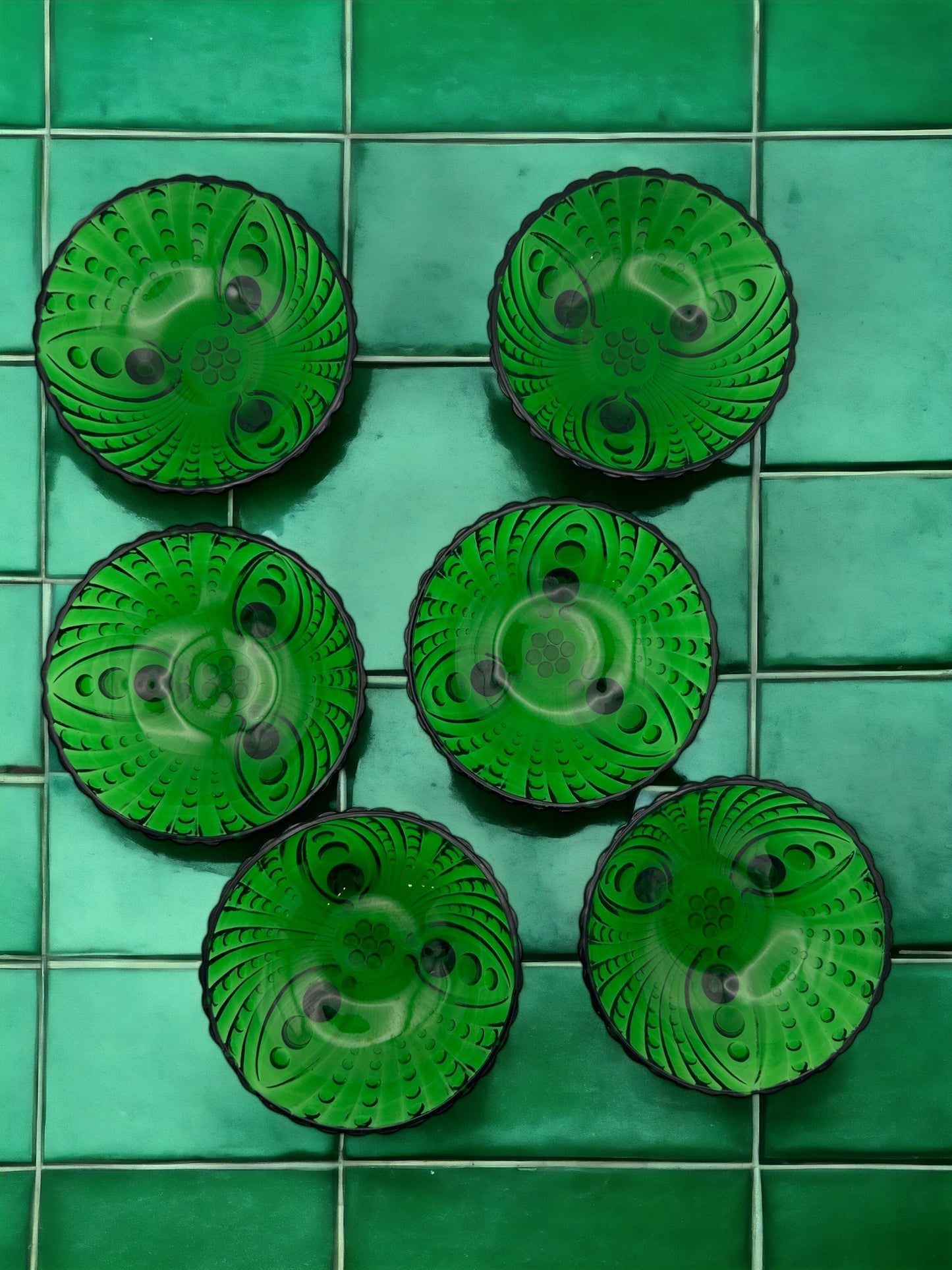 Vintage Set of Six Forest Green Glass Dessert Bowls