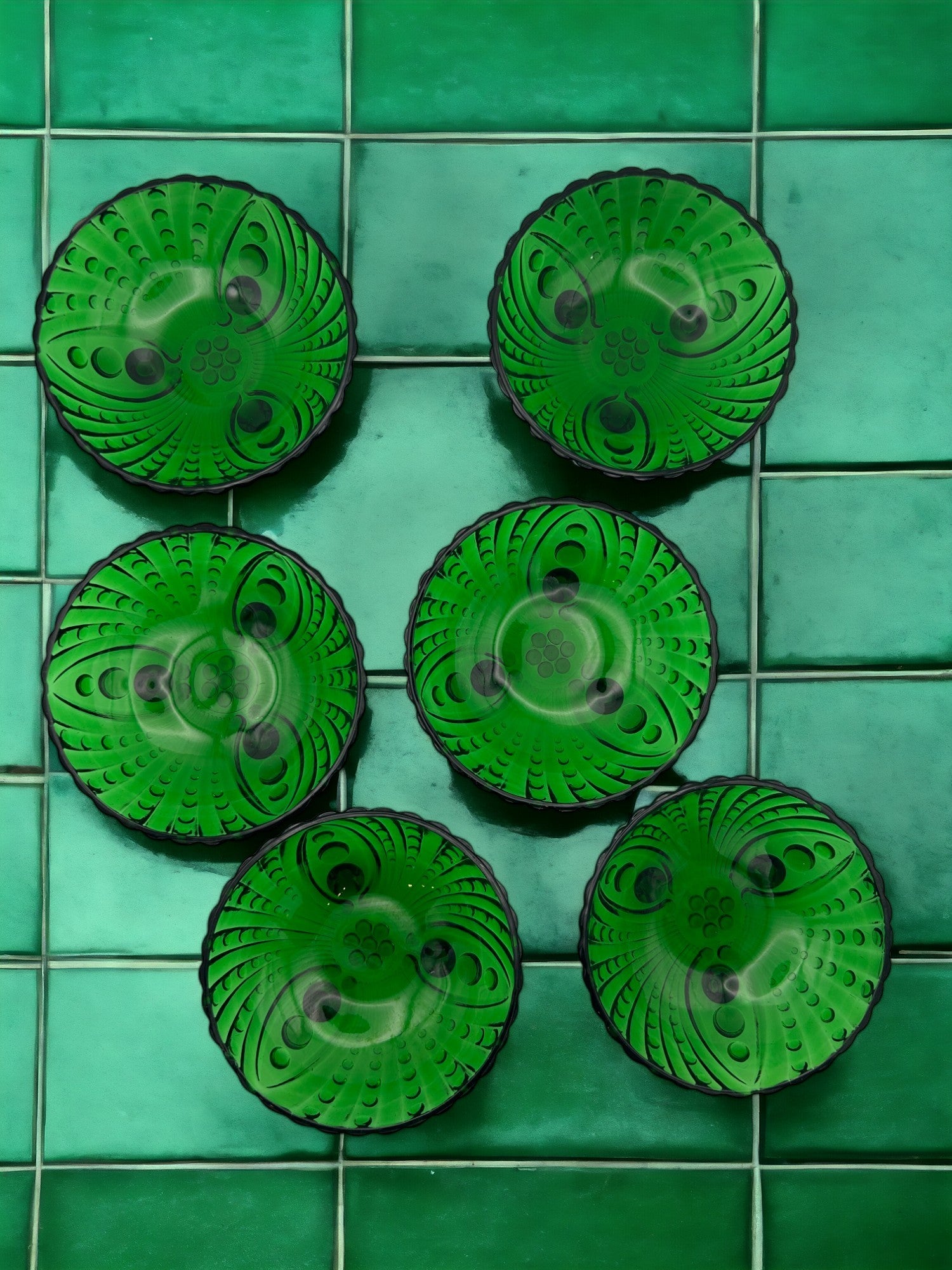 Vintage Set of Six Forest Green Glass Dessert Bowls
