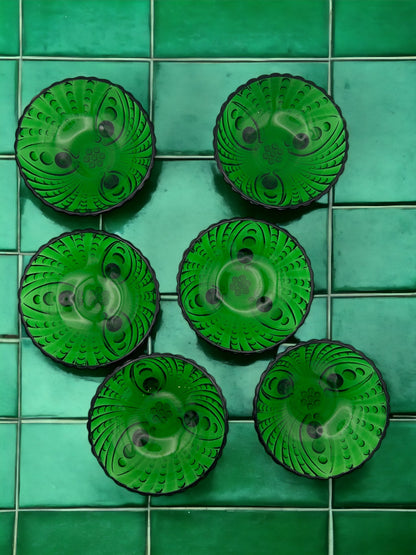 Vintage Set of Six Forest Green Glass Dessert Bowls