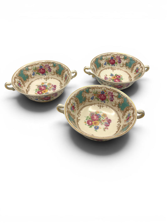 Vintage Syracuse China Romance Green Cream Soup Bowls — Set of 3