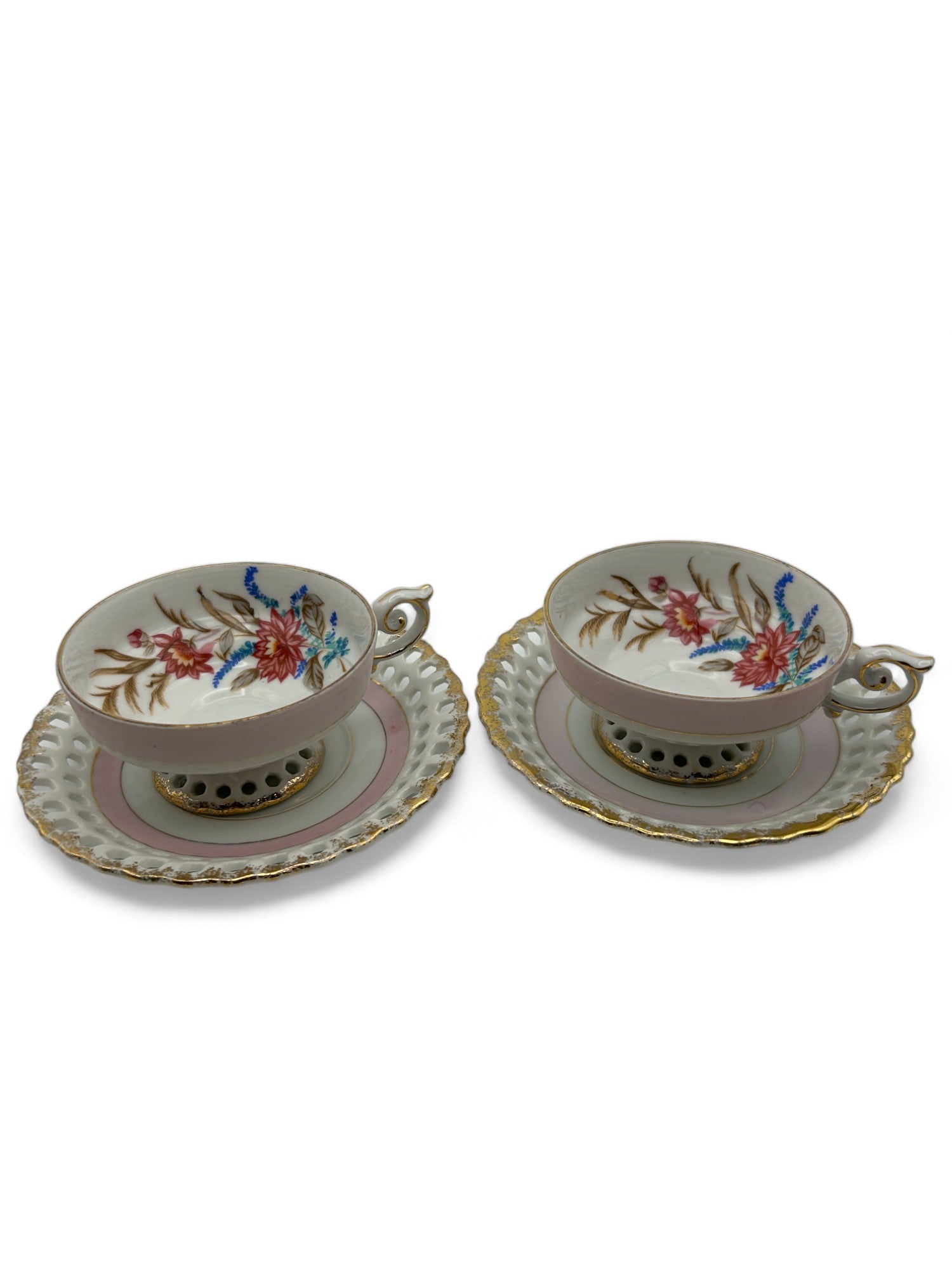 Vintage Trimont Hand-painted Reticulated Edges Demitasse Teacup and Saucer Sets