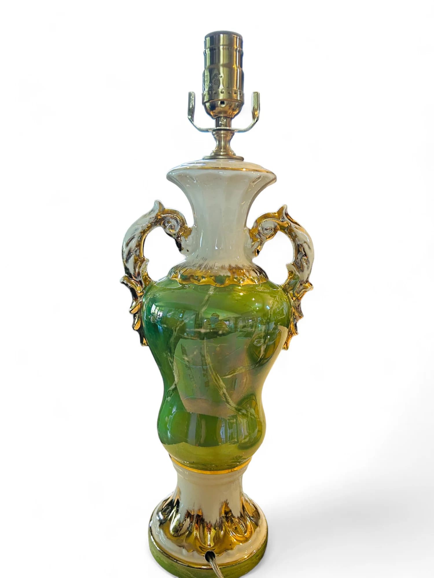 Vintage Victorian Couple Motif Green Porcela in Gold Plated Table Lamp
