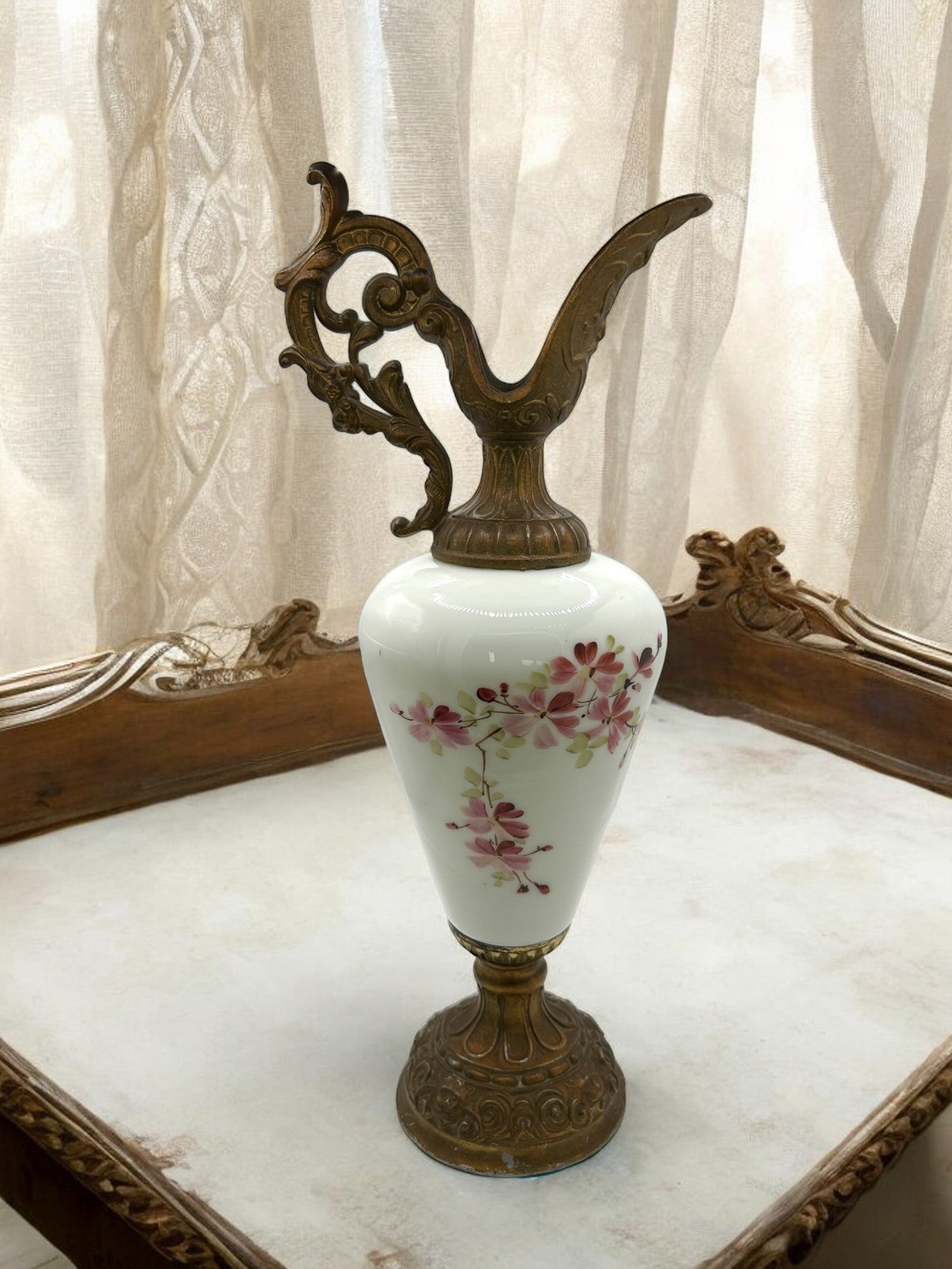 Vintage Victorian Hand Painted Porcelain and Metal Ewer